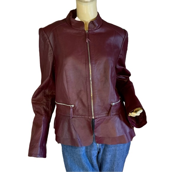 WHITE HOUSE BLACK MARKET BURGUNDY GENUINE LEATHER PEPLUM JACKET (XL) - Picture 2 of 14